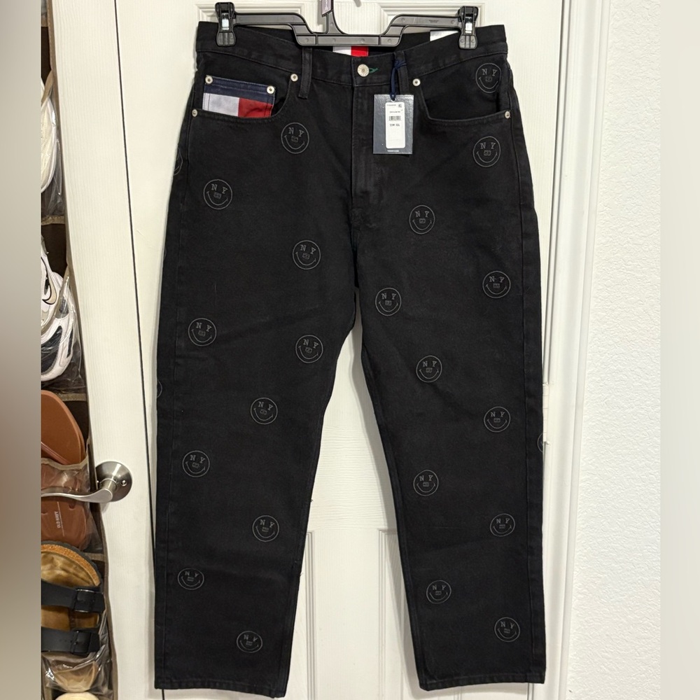 Black NY Smiley Face Patch Pants
